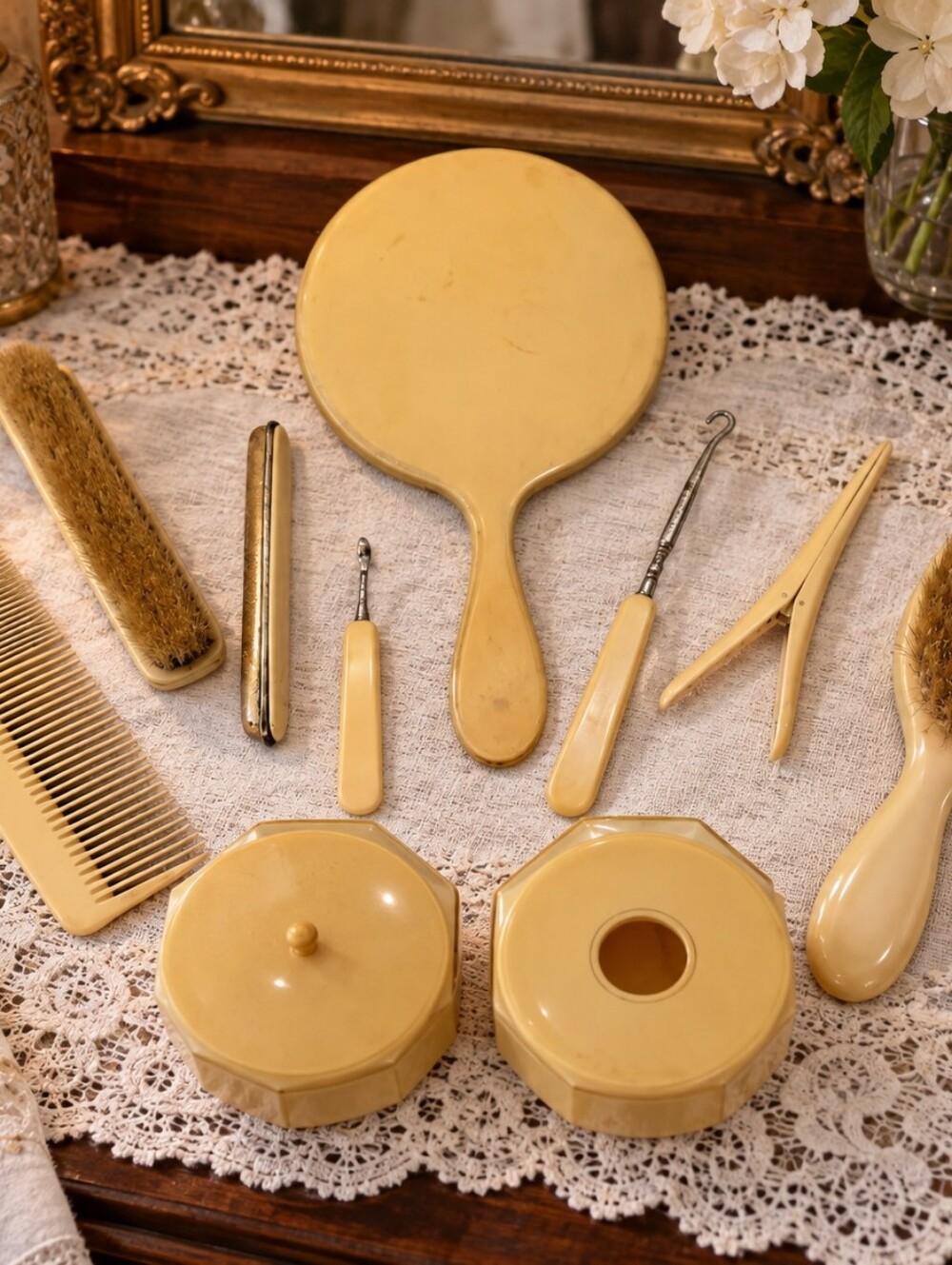 10-Piece Vintage Celluloid Vanity Set | Ivory Dressing Table Set | Romantic Era